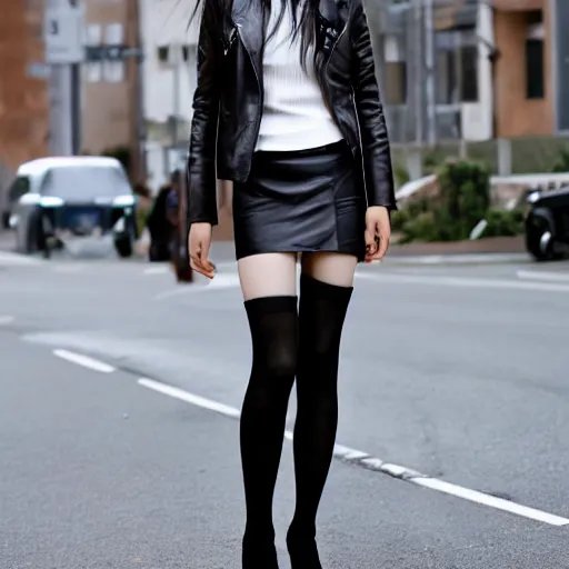 Prompt: an epic cinematic 8K HD movie shot of a japanese young woman wearing leather jacket, miniskirt, nylon pantyhose and high heels boots. Inspirational arthouse