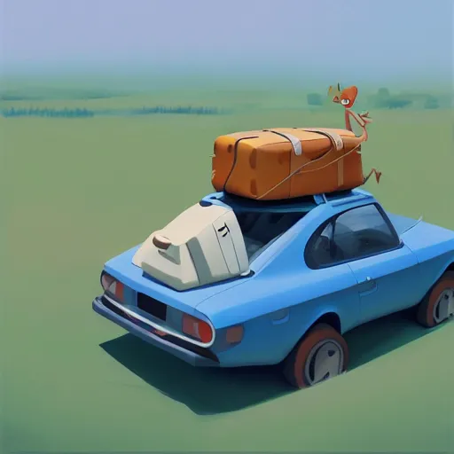 Image similar to goro fujita ilustration rear view of a car equipped with suitcases heading to the forest on a sunny day, painting by goro fujita, sharp focus, highly detailed, artstation