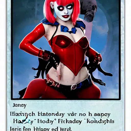 Prompt: very high resolution photo of a magic the gathering card called harley quinn's birthday.