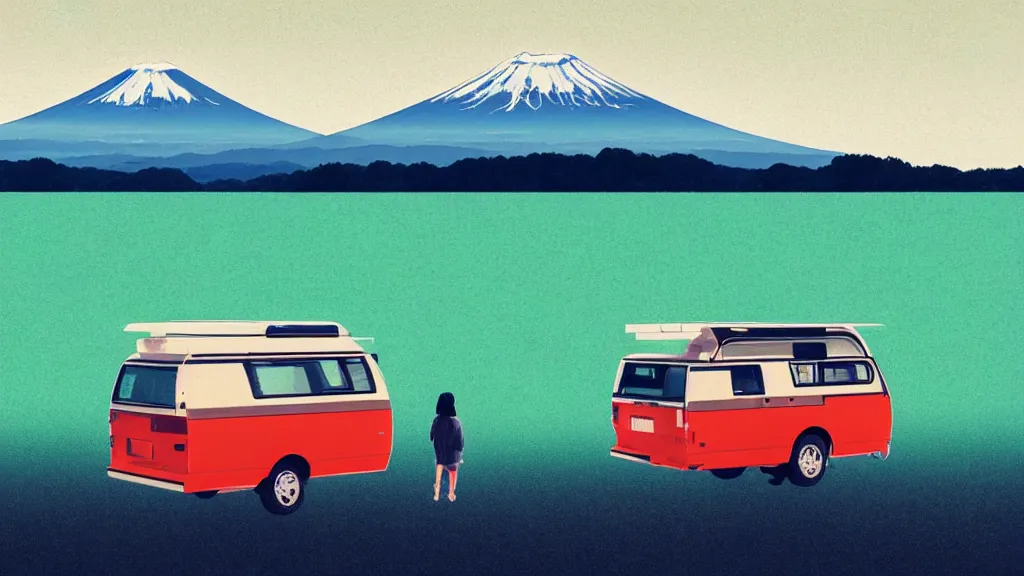 Image similar to a scene of two travellers and their camper touring at the edge of yamanaka lake, reflecting mount fuji, japan, a collage painting, in the style of wes anderson, lola dupre, david hockney, isolated on negative white space background dark monochrome neon spraypaint accents volumetric octane render