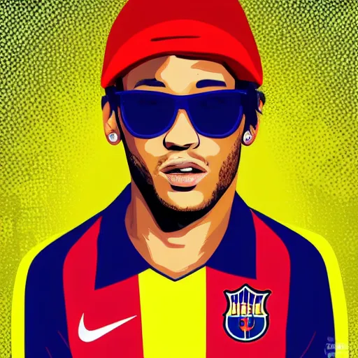 Prompt: the portrait of neymar jr, sunglasses, red backwards cap, mid long hair, vector art, chain, detailed face, high detail, high definiton, ultra realistic,