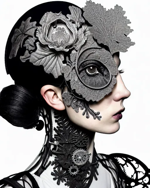 Image similar to masterpiece monochrome profile portrait painting, dutch masters, silver lace floral steampunk biomechanical beautiful one techno eye young female cyborg, big monocular, volumetric light, leaves foliage and stems, hibiscus flowers, by cecile beaton, rim light, big gothic fashion pearl embroidered collar, 8 k