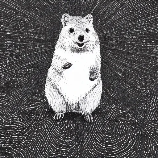 Image similar to portrait of a happy quokka, mcu, drawn with a single line, line drawing, art, minimalist, continuous line drawing, sakura pigma micron,
