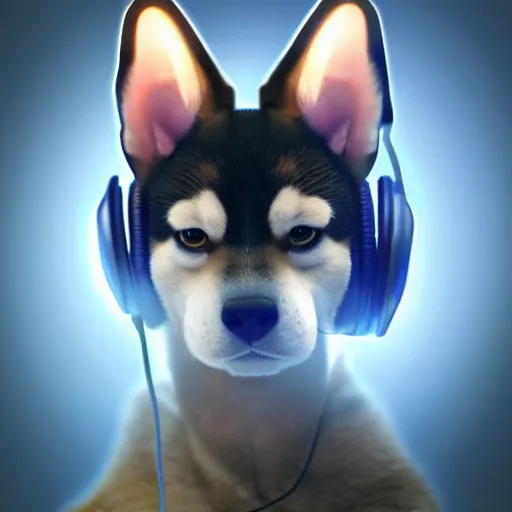 Image similar to shiba inu wearing a gaming headset, playing on computer with screen glowing on face, digital art, 8 k, trending on artstation, high res