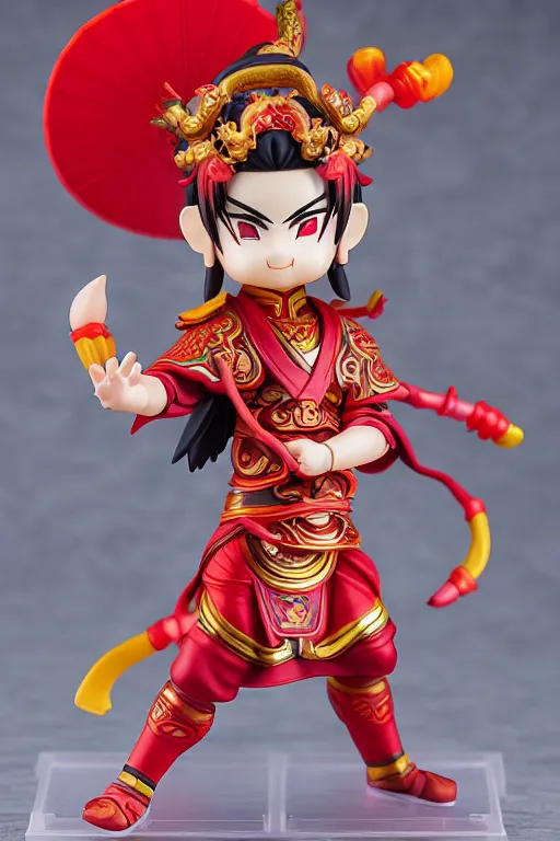 Image similar to arty chinese mythology ne zha nendoroid full body hyperdetalied, hero pose, osamu tezuka, macoto takahashi, chibi, q posket, 8 k realistic, 3 d, cryengine, exquisite, red cloth around his shoulders, hold spear, ne zha ( 2 0 1 9 ), fenghua zhong,