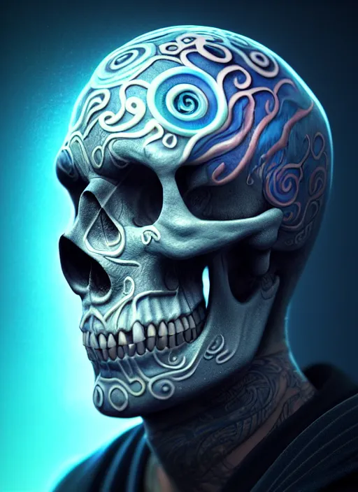 Image similar to 3 d shaman with tattoos profile portrait, sigma 5 0 0 mm f / 5. beautiful intricate highly detailed skull. bioluminescent, plasma, frost, water, wind, creature, gradient background, thunderstorm! artwork by tooth wu and wlop and beeple and greg rutkowski, 8 k trending on artstation,