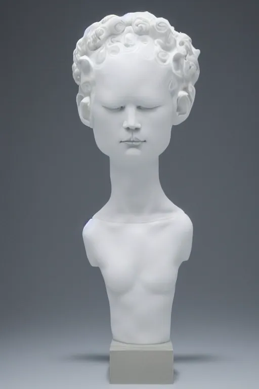 Prompt: full head and shoulders, beautiful female porcelain sculpture by daniel arsham and raoul marks, smooth, all white features on a white background, delicate facial features, white eyes, white lashes, the heads are twisted around geometrically