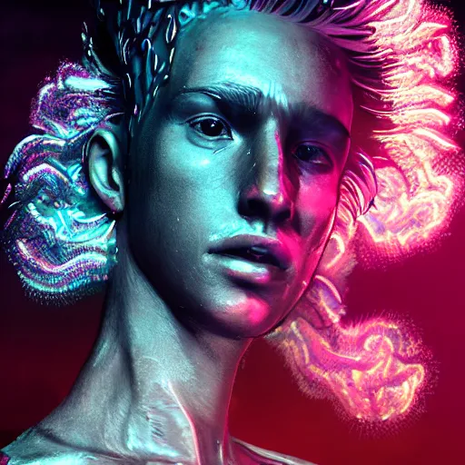 Image similar to splashes of neon clouds, mowhawk, punk portrait made out of paint with rain in the background, trending on artstation, epic composition, emotional, beautiful, rendered in octane, highly detailed, realistic, comic book art, sharp focus, matte painting, unreal engine