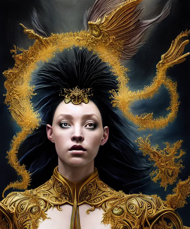 Prompt: hyperrealistic mixed media painting of a beautiful young female wizard, stunning 3d render inspired art by P. Craig Russell and Barry Windsor-Smith + perfect facial symmetry + dim volumetric lighting, vibrant short raven hair, ornate flowing black and gold robes, dizzy, full body, confident heroic pose, 8k octane beautifully detailed render, post-processing, extremely hyperdetailed, intricate, epic composition, grim yet sparkling atmosphere, cinematic lighting + masterpiece, trending on artstation, very very detailed, masterpiece, stunning