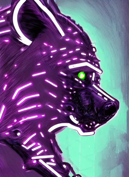 Image similar to digital drawing of anthromorphic hyena female drawn in cell shaded, fursona, furry fandom, neon rainy cyberpunk setting, anthro, wearing cyberpunk 2 0 7 7 jacket, detailed face,