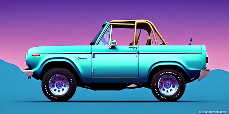 Image similar to a cinematic keyframe matte painting of a sleek 1 9 7 0 s vaporwave concept vehicle retro - futurism sci - fi sky blue ford bronco designed by karmann ghia in an open garage in the colorado, view from the street. in the moonlight. by eric lafforgue, glennray tutor and edward hopper, greg rutkowski. trending on artstation.