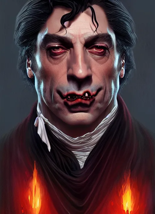 Image similar to Portrait of Javier Bardem as Dracula, D&D, muscular, fantasy, intricate, elegant, highly detailed, digital painting, artstation, concept art, smooth, sharp focus, illustration, art by artgerm and greg rutkowski and alphonse mucha