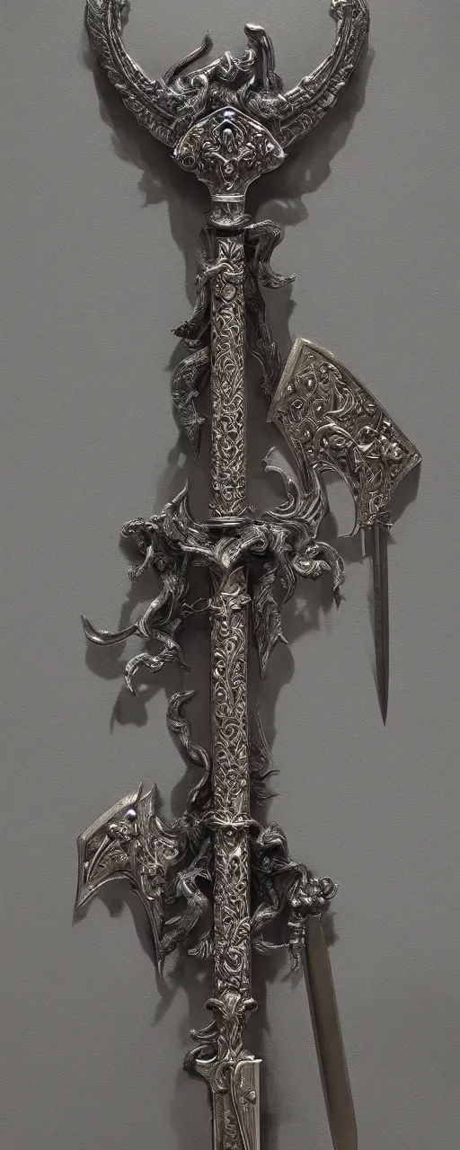 Image similar to sword of justice hanging on a wall, ornate gem in pommel, engraved blade, serrated point, herringbone floor, low angle, museum display, greg rukowski, boris vallejo