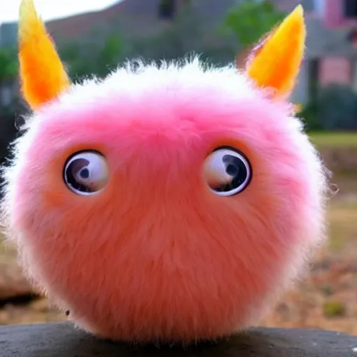 Image similar to an alien with a face that looks like a fuzzy peach the peach is fuzzy pink warm and ripe the alien has horns and a mean smile he has little chicken feet, 4k, highly detailed, high quality, amazing, high particle effects, glowing, majestic, soft lighting