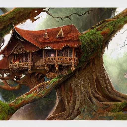 Image similar to a wooden palace growing from a tree, wild colors, intricate, highly detailed, digital painting, artstation, concept art, smooth, sharp focus, illustration, art by john avon, Lucas Graciano, Sarah Finnigan