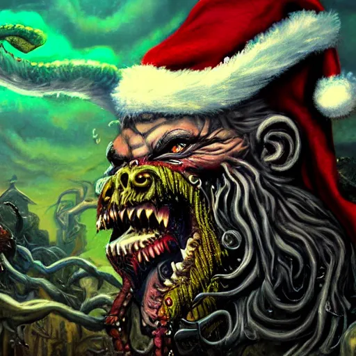 Image similar to terrifying monster Santa full dramatic shot, Lovecraft, oil painting, epic, ultra detailed, intricate