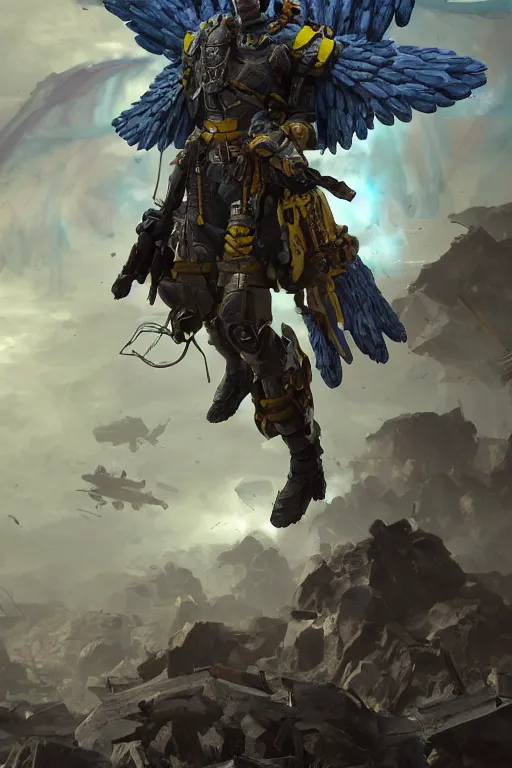 Prompt: A military super soldier with wings with a blue and yellow flag behind him is standing on a pile of skulls in triumph, concept art, сinematic lighting, insanely detailed, smooth, sharp focus, Artstation, 8k, unreal engine, hyper realistic, steampunk style, bright background, moonlight, volumetric lighting, wallpaper, digital illustration by Ruan Jia and Mandy Jurgens and Artgerm and Wayne Barlowe and Greg Rutkowski and Zdislav Beksinski