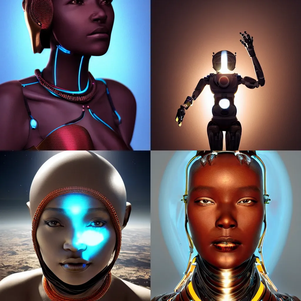 Prompt: beautiful futuristic himba woman, robotic arms, weightless in space, hyperrealistic, scifi, concept art, photograph, portrait, backlit