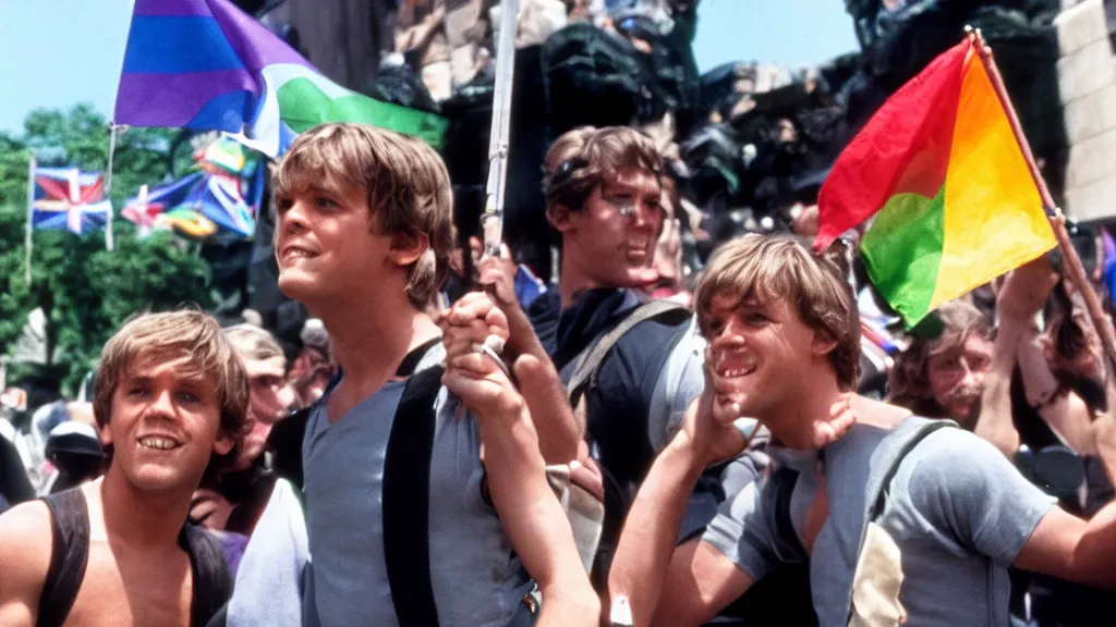 Image similar to rotj luke skywalker goes to pride, getty images, victorious, flags, parade, gay rights, bright smiles, daylight, twenty three year old luke skywalker at gay pride, 3 5 mm photography, very happy, played by young mark hamill, smiling