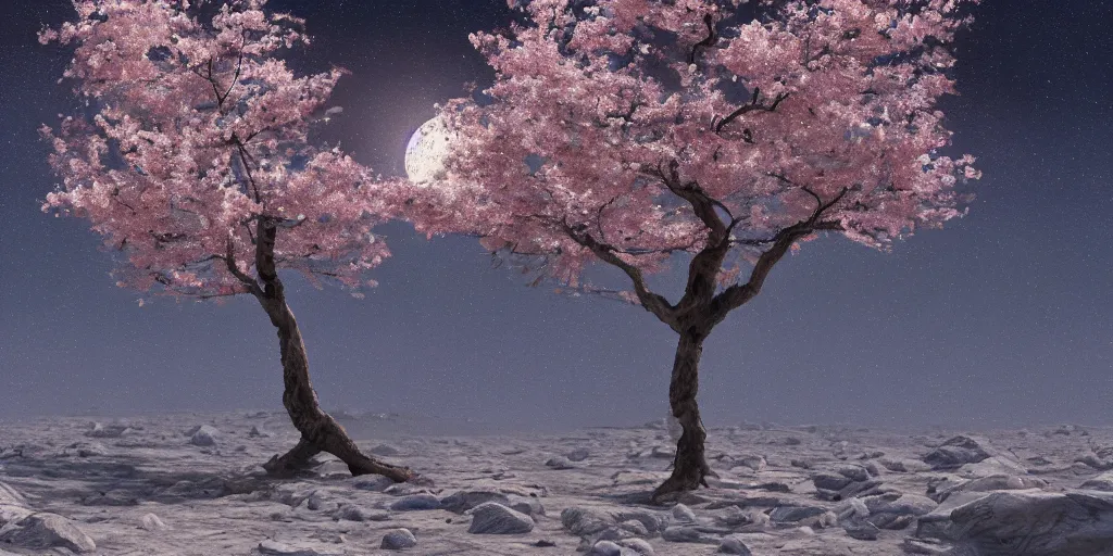 Prompt: A sakura tree growing on the moon, cinematic lighting, detailed oil painting, hyperrealistic, 8k