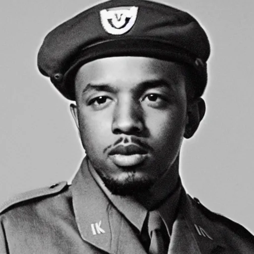 Image similar to 1 9 4 0 s vintage monochrome photograph of kendrick lamar wearing a us army uniform on omaha beach, 8 k, very detailed, very intricate,