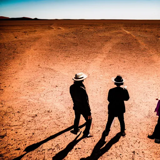 Image similar to photograph of three ravers, two men, one woman in a trenchcoat blessing the earth, seen from behind, talking around a fire, dancefloor kismet, diverse costumes, clean composition, desert transition area, bonfire, night, australian desert, xf iq 4, symmetry, sony a 7 r, 1 5 0 mp, 5 0 mm