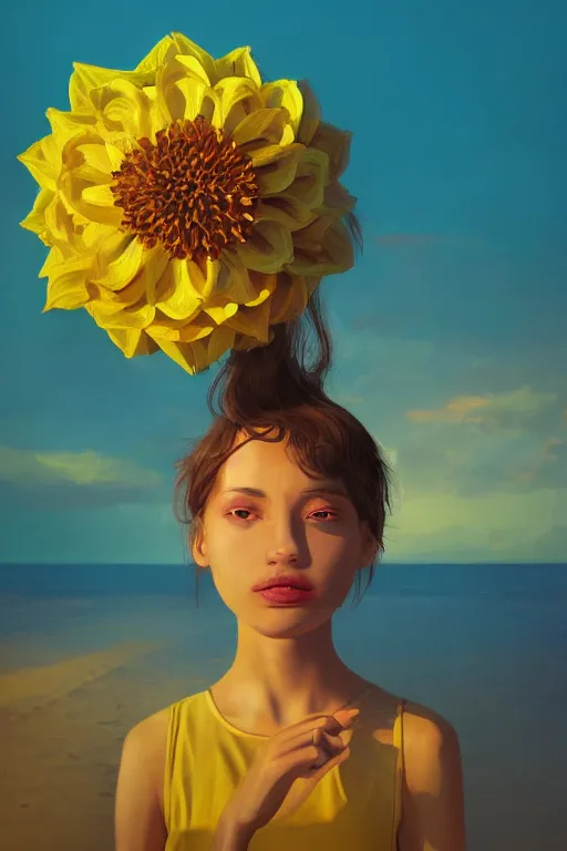 Image similar to closeup girl with huge yellow dahlia flower face, on a beach, surreal photography, blue sky, sunrise, dramatic light, impressionist painting, digital painting, artstation, simon stalenhag