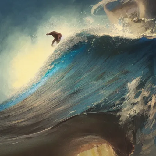 Image similar to A mixed media painting of cat surfing big waves, by Frank Frazetta, Greg Rutkowski, Beeple, kawaii, post-processing, low angle, masterpiece, cinematic, isometric, volumetric lighting