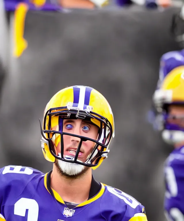 Image similar to extreme close up photo of adam thielen taken with an ultra wide angle lens