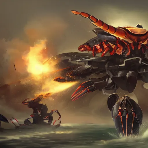 Image similar to obama piloting a mecha crab fighting the lobsters insurgent, digital art, trending on cgsociety