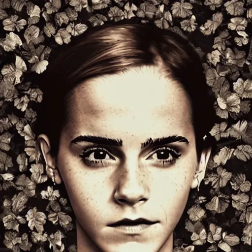 Image similar to emma watson mason plank flower vanish cloud shoulder mountain evening leaf overplayed portrait cliche basement, collage artwork