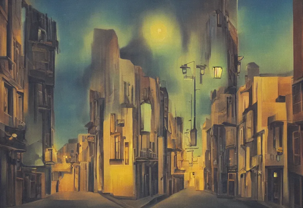 Prompt: A street at twilight in the peaceful streets of the city, surrealist style