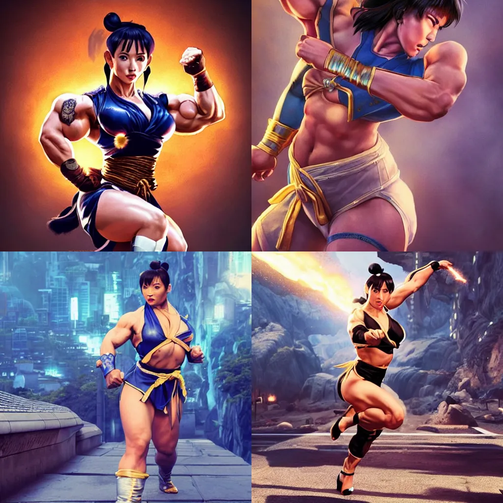 Prompt: dwayne johnson, chun li outfit, posing like a street fighter, intricate, epic lighting, cinematic composition, hyper realistic, 8k resolution, unreal engine 5, by Artgerm, tooth wu, dan mumford, beeple, wlop, rossdraws, James Jean, Andrei Riabovitchev, Marc Simonetti, yoshitaka Amano, Artstation