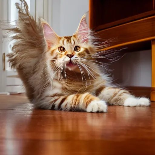 Image similar to cream color maine coon cat chasing a cat feather toy in a sunlit bedroom, hardwood floors with a colorful throw rug, bay window sofa in the background, high energy, by Jeff Easley