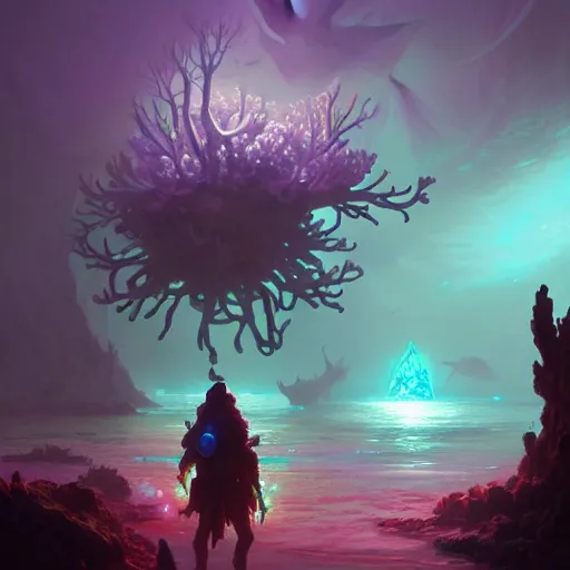 Prompt: bioluminescent coral reef, concept art, d & d, fantasy, highly detailed, masterpiece, volumetric lighting, digital painting, artstation, smooth, sharp focus, illustration, art by artgerm, by greg rutkowski