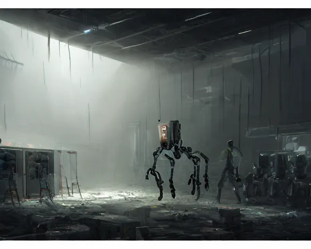 Prompt: spot boston dynamics in gloomy ruined server room in datacenter painting concept art of colossus, sharp focus, emitting diodes, smoke, artillery, pacing, computers, racks, motherboard, by pascal blanche rutkowski artstation detailed matte painting, 4 k resolution