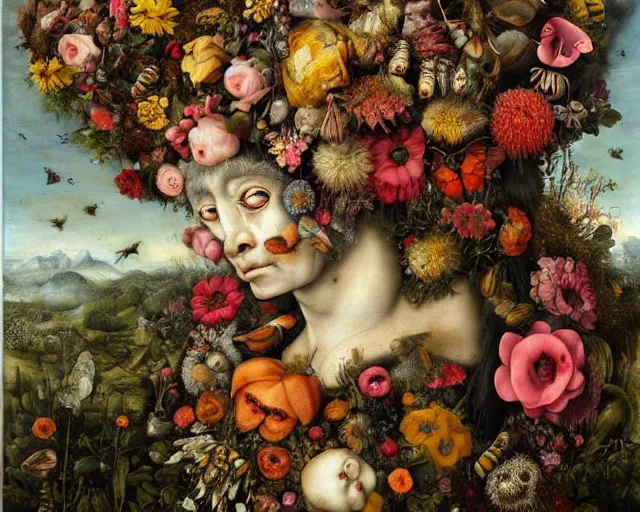 Prompt: A beautiful detailed existential horror portrait painting 'The Godes of nature' by Giuseppe Arcimboldo, flowers bees and birds everywhere, Trending on cgsociety artstation, highly detailed, 8k, masterpiece, in the style of DiscoDiffusion.