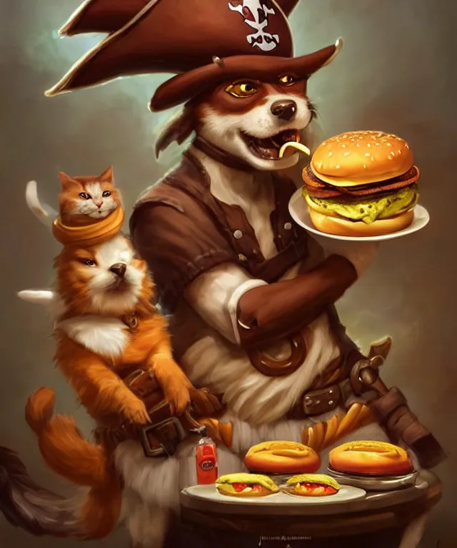Image similar to a portrait of an anthropomorphic pirate dog eating hamburgers, standing in a restaurant surrounded by cats!, cute and adorable, dnd character art portrait, well rendered matte fantasy painting, deviantart artstation, by jason felix by steve argyle by tyler jacobson by peter mohrbacher, cinematic lighting