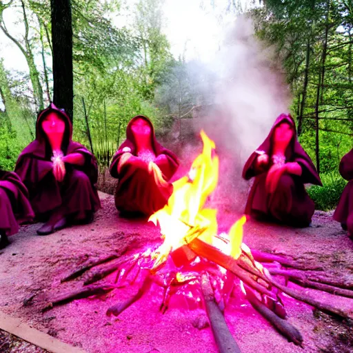 Image similar to a cult of pink cloak wearing kittens summon a fire goddess from the depths of a raging fire pit, flames are emerging from fissures in the ground.