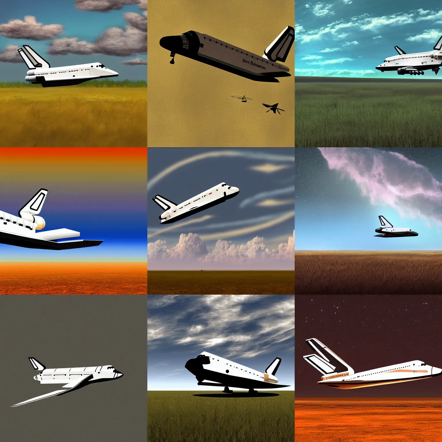 Prompt: A space shuttle flying over a prehistoric savannah, digital art