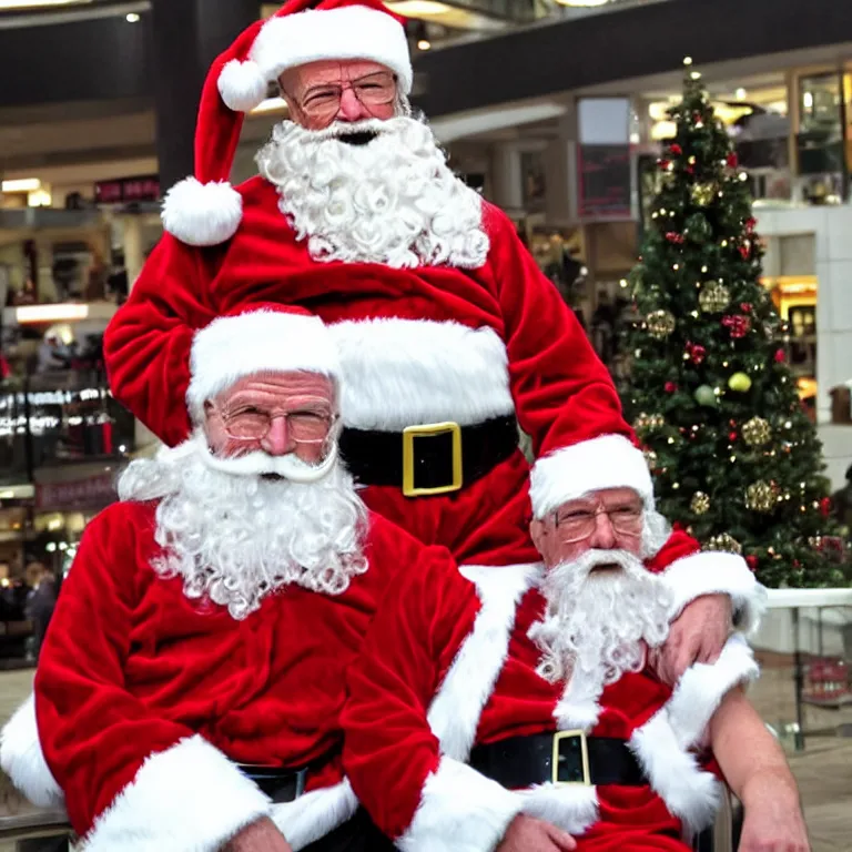 Image similar to walter white dressed as santa in a mall,