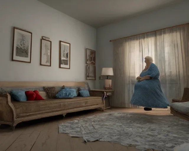 Image similar to of a very beautiful scene. ambient occlusion render. a sweet fat old woman is flying above the sofa. hyper realistic. 4 k. wide angle. wild. symmetrical face, red mouth, blue eyes. deep focus, lovely scene. ambient occlusion render. concept art. unreal engine.