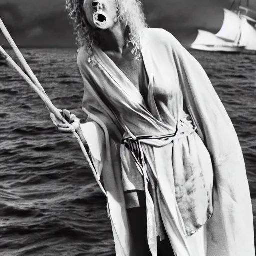 Prompt: a woman throwing up, a beautiful english woman with a long face narrow nose pale skin blue eyes red lips and wild messy tangles of curly white blonde hair leaning over the side of a sailing ship and throwing up, high resolution film still wearing a black robe and skull necklace and holding a spear, sandy, a journey to the west