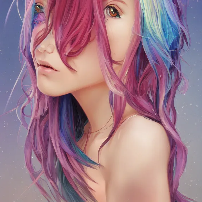 Image similar to portrait of beautiful symmetrical anime girl, rainbow hair, attractive, casual, modern, victoria's secret, highly detailed, digital painting, artstation, concept art, smooth, sharp focus, illustration, art by artgerm, greg rutkowski and alphonse mucha, 8 k,