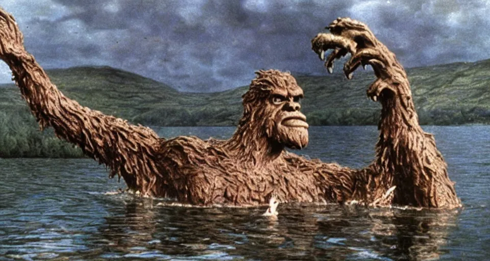 Prompt: scene from the 1 9 5 7 film bigfoot vs the loch ness monster, ray harryhausen, colorized, movie still