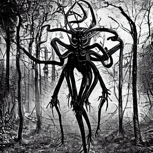 Prompt: 1860 photo of an ancient fractal 8 leg demon on an abandoned factory on the middle of a forest, spooky