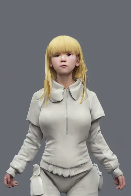 Image similar to complicated dynamic composition,realistic style at CGSociety by WLOP,ilya kuvshinov,krenz cushart ,Greg Rutkowski, trending on artstation. Zbrush sculpt colored, Octane render in Maya and Houdini VFX,realistic close-up face of cute young blonde girl, wearing a polar bear costume, deep eyes, Amazing textured brush strokes, studio lighting.