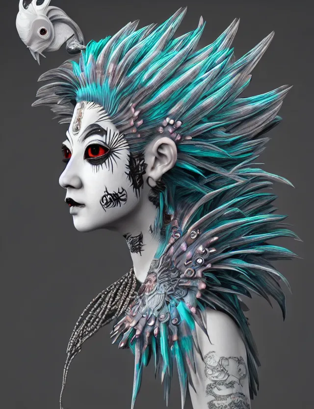 Image similar to 3 d goddess close - up profile simple portrait punk with mohawk with ram skull. beautiful intricately detailed japanese crow kitsune mask and clasical japanese kimono. betta fish, jellyfish phoenix, bio luminescent, plasma, ice, water, wind, creature, artwork by tooth wu and wlop and beeple and greg rutkowski