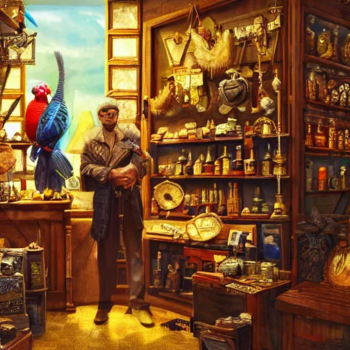 Prompt: A Anthropomorphized parrot trader in his shop, selling his wares, portrait, items, gold, carpet, window, sly expression, cunning expression, D&D, fantasy, intricate, cinematic lighting, highly detailed, digital painting, artstation, concept art, smooth, sharp focus, illustration, art by Akihiko Yoshida, Greg Rutkowski