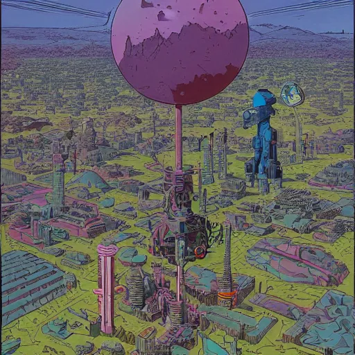 Image similar to an epic hyperdetailed matte painting of a retro vintage sci fi landscape by moebius and simon stalenhag and geoff darrow and dan mumford